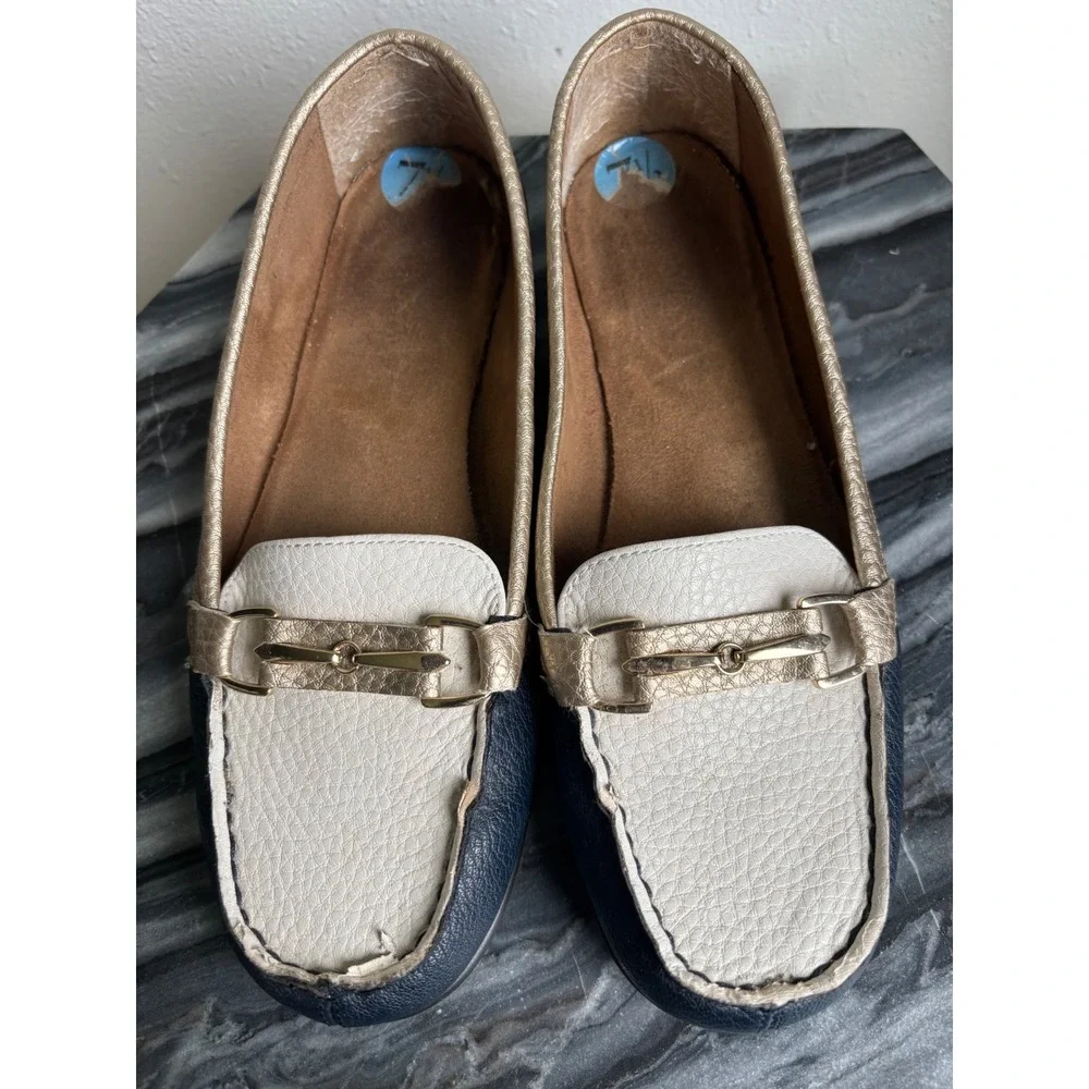 Aerosoles Manuscript Navy‎ Cream Gold Horsebit Loafers Shoes Womens 7.5 M